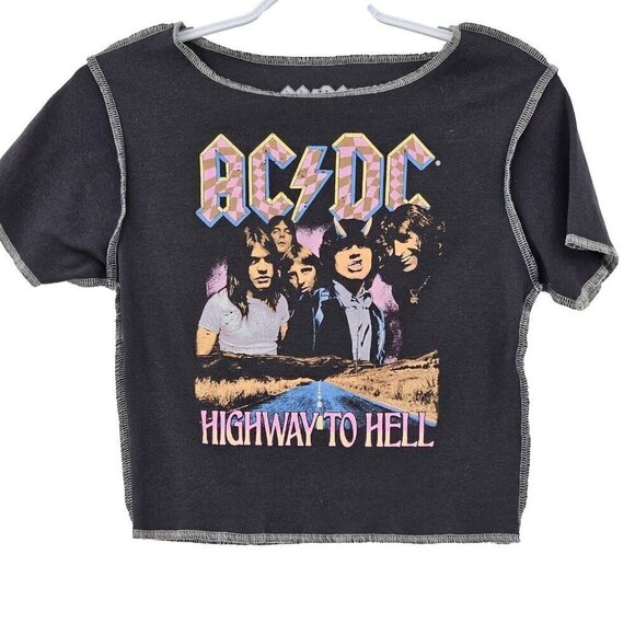 ACDC Graphic Tee Crop Top Gray Women’s Size S Boho Festival Hippie Grunge Moto - Picture 1 of 7